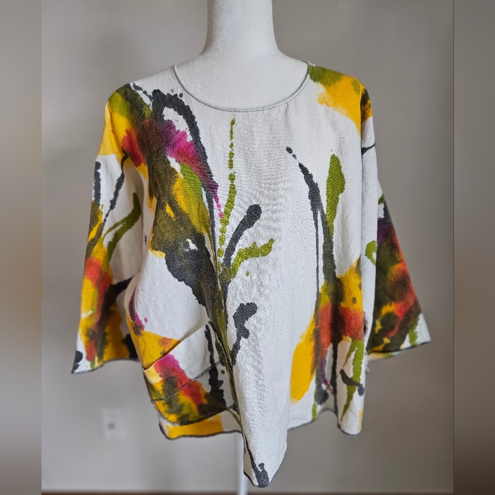 Monika Astara OS Linen Hand Made Painted Top Lagenlook Art To Wear